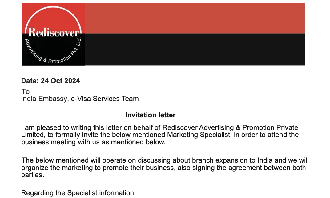 Invitation Letter for business visa to India